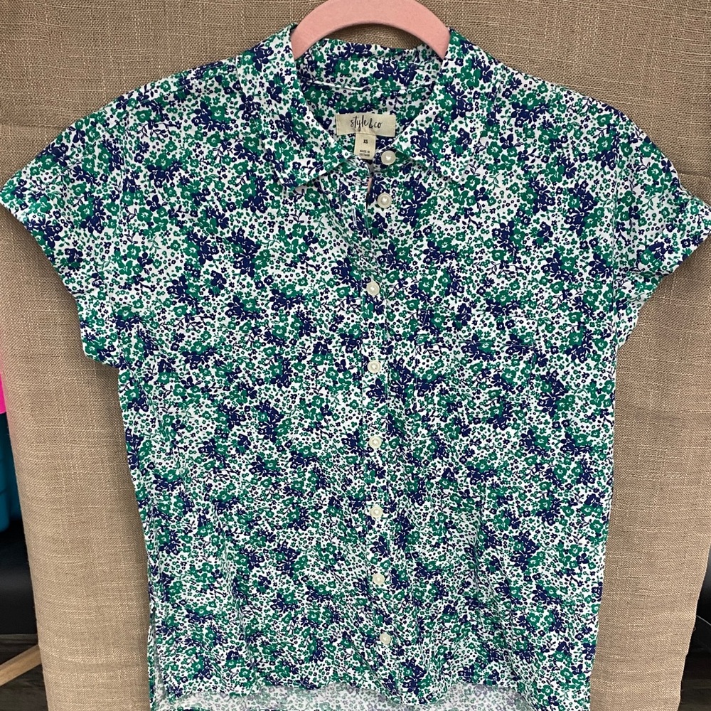 Style & Co. White Blouse with Green & Navy Floral Print